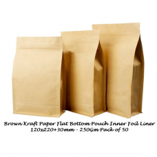 Brown Kraft Paper Flat Bottom Stand up Pouch 120x220+30mm 250g Pack of 50 Foil Liner