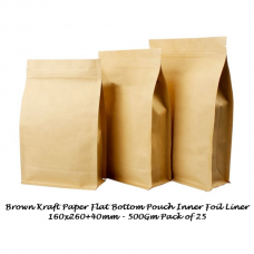 Brown Kraft Paper Flat Bottom Stand up Pouch 160x260+40mm 500g Pack of 25 Foil Liner