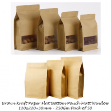 Brown Kraft Paper Flat Bottom Stand up Pouch 120x220+30mm 250g Pack of 50 W