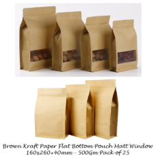 Brown Kraft Paper Flat Bottom Stand up Pouch 160x260+40mm 500g Pack of 25 W