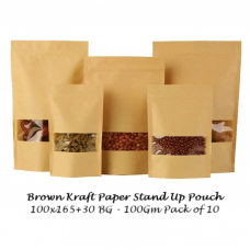 Brown Kraft Paper Stand up Pouch 100x165+30 BG 100g Pack of 10 W