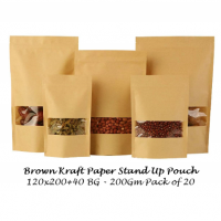 Brown Kraft Paper Stand up Pouch 120x200+40 BG 200g Pack of 20 W
