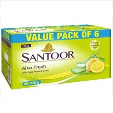 Santoor Aloe Fresh Soap, 125g, Pack of 6 with Aloe Vera and Lime