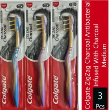 Colgate Zigzag Charcoal Antibacterial Medium Toothbrush 3 Pcs